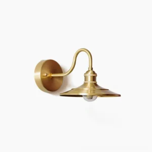 Whizzer mid-century modern brass wall sconce with gooseneck articulation, brushed gold finish on studio white background