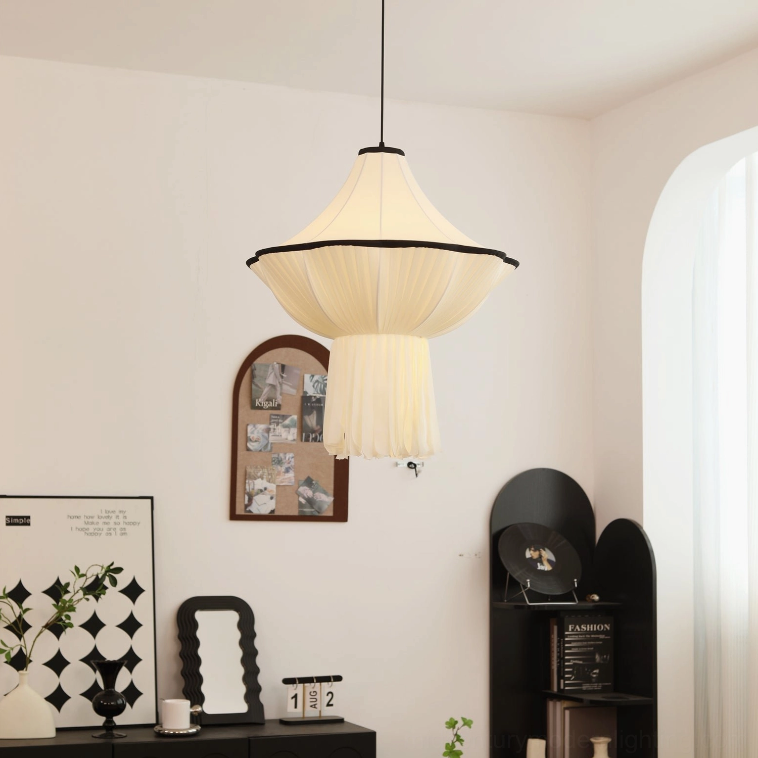 Wildon fabric pendant light hanging in vintage French living room with classic furnishings and warm interiors