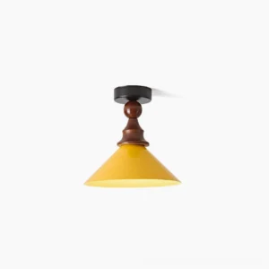 Wilken mid-century modern ceiling lamp front view yellow metal shade walnut wood stem black ceiling mount