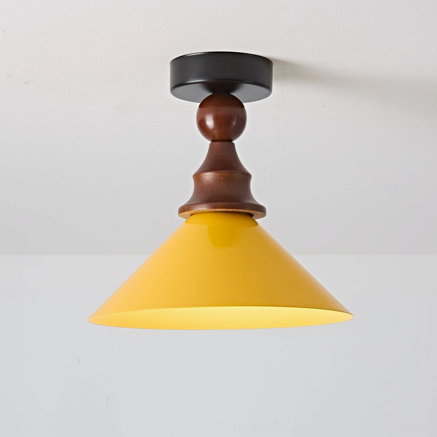 Wilken vintage ceiling pendant lamp yellow metal shade with walnut wood accent