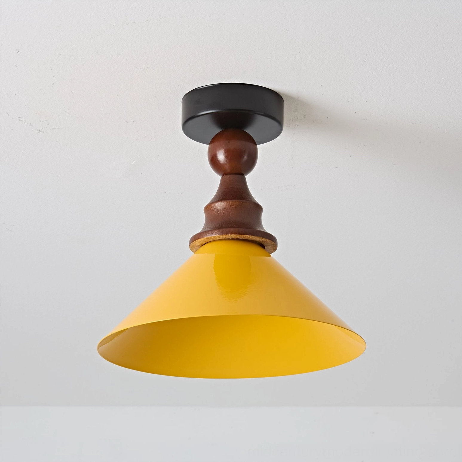 Wilken retro ceiling pendant lamp low-angle view industrial aesthetic walnut stem