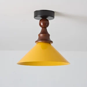 Wilken retro ceiling lamp three-quarter view showing conical yellow shade and wooden stem details