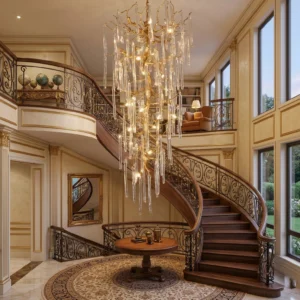 Modern brass branch chandelier installed in double-height curved staircase foyer, warm ambient lighting
