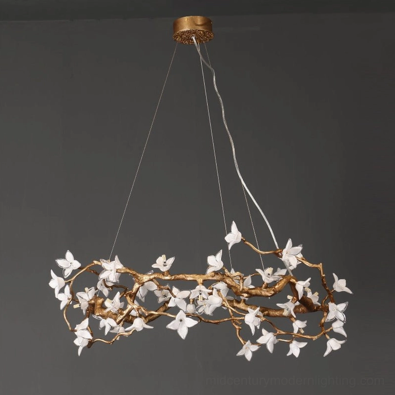 Willow Flower Chandelier 85cm diameter hand-forged brass fixture with 50 hand-blown glass flower blossoms and 22 G4 bulb sockets