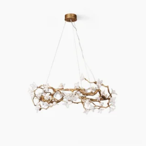 Willow Flower Chandelier overhead view showing intricate hand-forged brass branches and hand-blown glass flower blooms arrangement