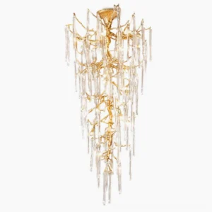 Willow Glass Chandelier with hand-cast brass branches and cascading clear glass drops, front studio view