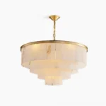 Windham Alabaster Chandelier 3-layer brass and stone modern lighting fixture frontal view white studio background