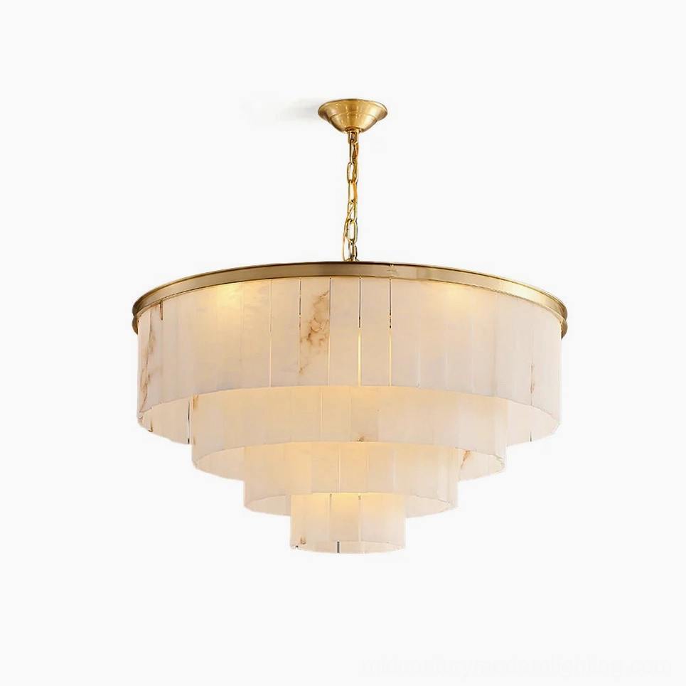 Windham Alabaster Chandelier 3-layer brass and stone modern lighting fixture frontal view white studio background
