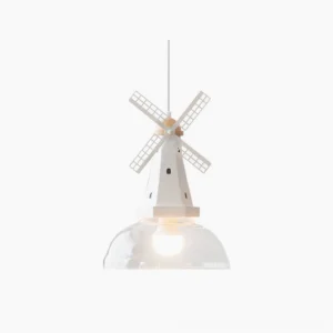 Windmill pendant light front view with clear glass shade and natural wood top accent on white background