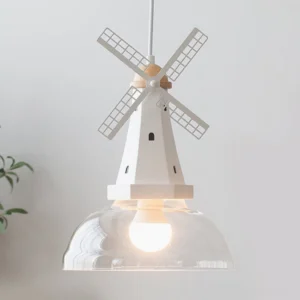 Windmill geometric pendant lamp illuminated in modern interior with plant decor and grid blade design
