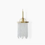 Winham brass crystal pendant light with flower-shaped metal details and cascading clear glass beads, shown from frontal view on white background