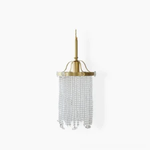 Winham brass crystal pendant light with flower-shaped metal details and cascading clear glass beads, shown from frontal view on white background