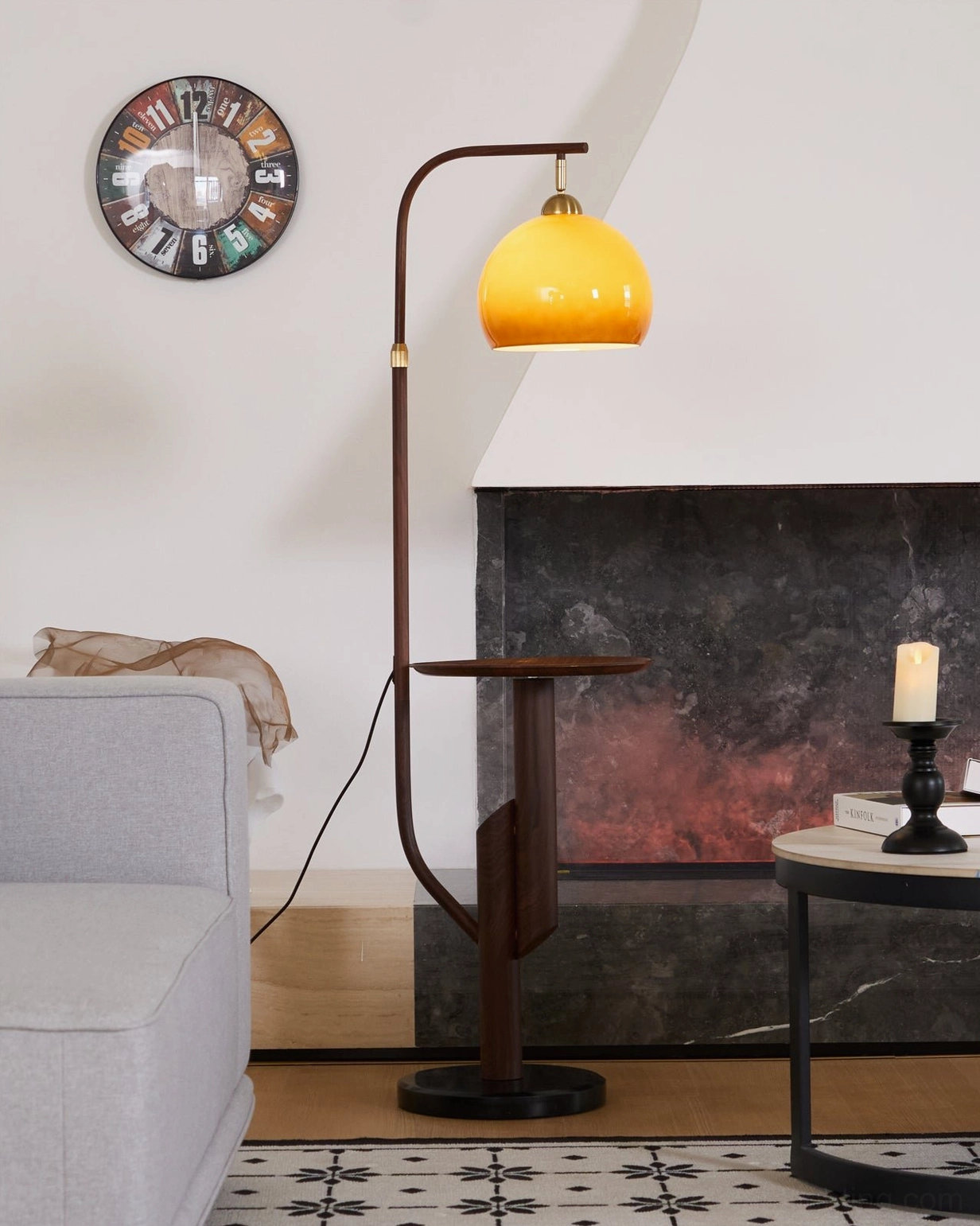 Winona arc floor lamp caramel glass dome shade in warm lighting, focus on glass craftsmanship