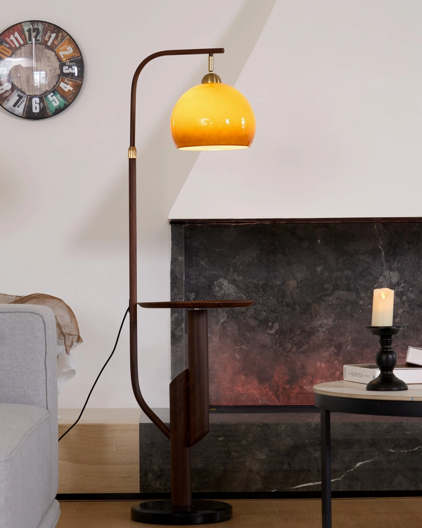 Winona arc floor lamp integrated round side table at coffee height, styled surface ready for books or decor