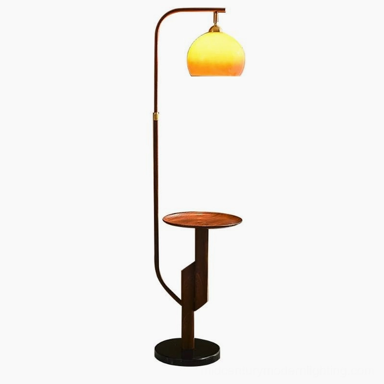 Winona arc floor lamp walnut finish hero shot, warm mid-century modern aesthetic in studio setting