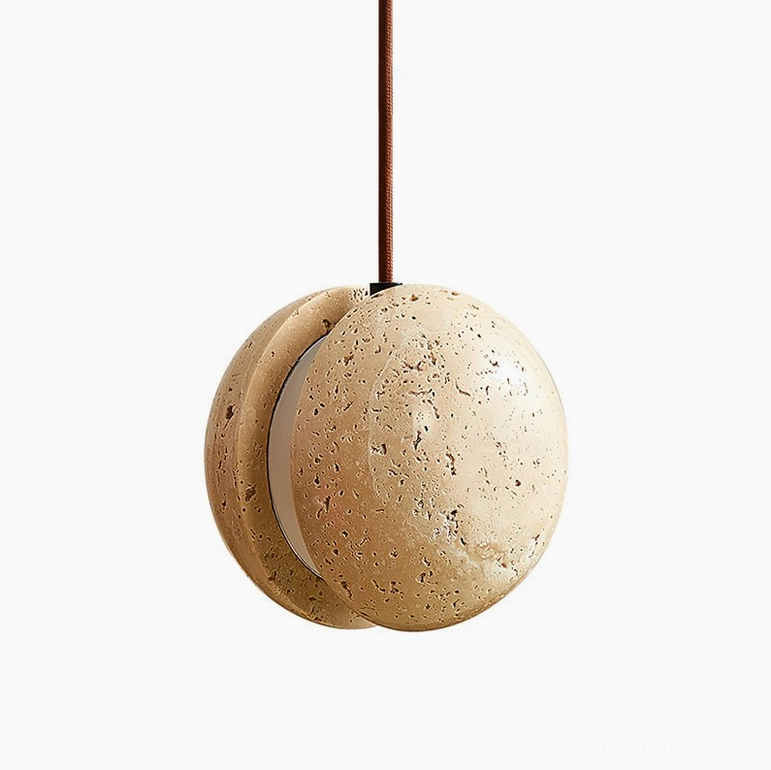 Wisteria travertine pendant lamp 5.5 inch beige warm light variant, close-up detail view of sculptural split-sphere design