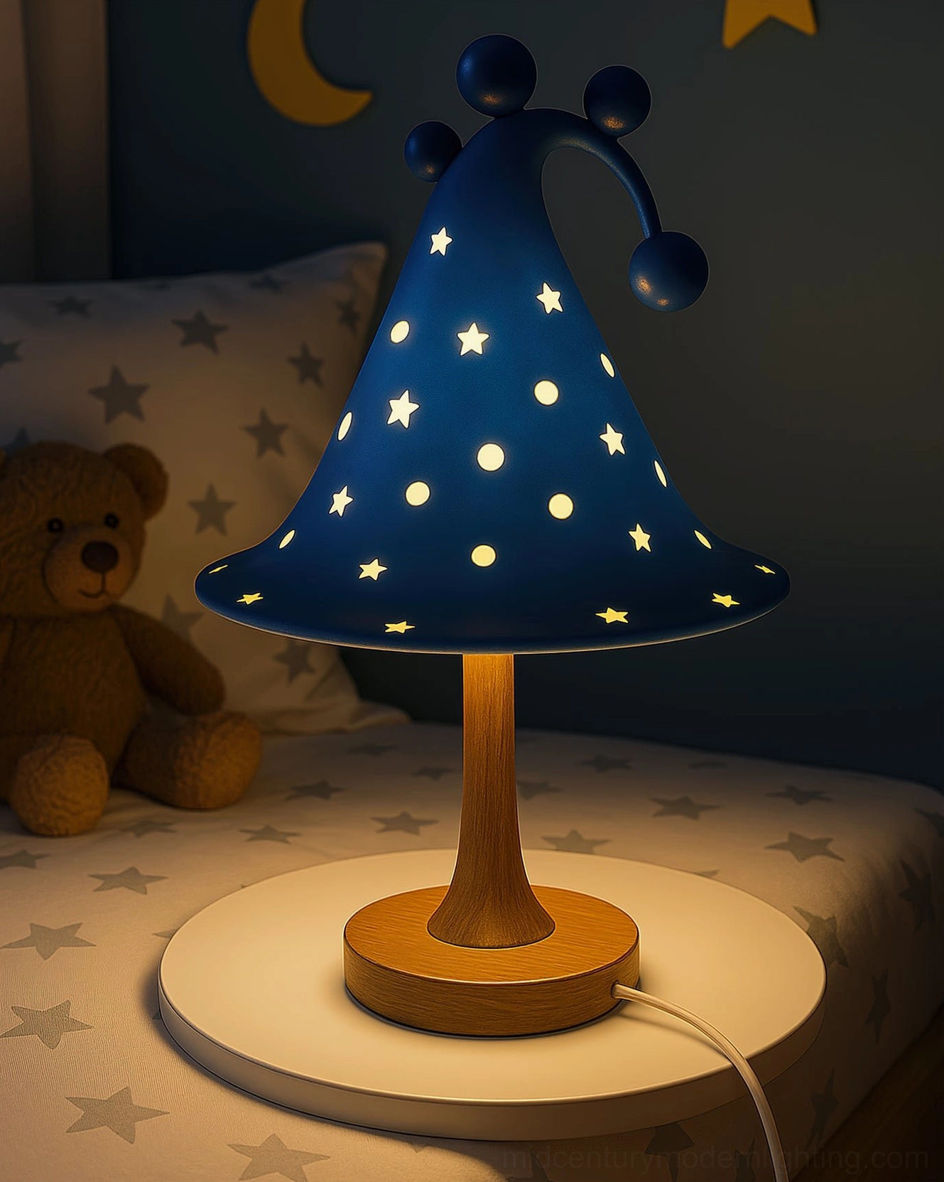 Wizard Hat Table Lamp in Ocean Blue on Bedroom Bedside – Hand-Cast Resin Kids Lamp with Glowing Star Constellation Effect