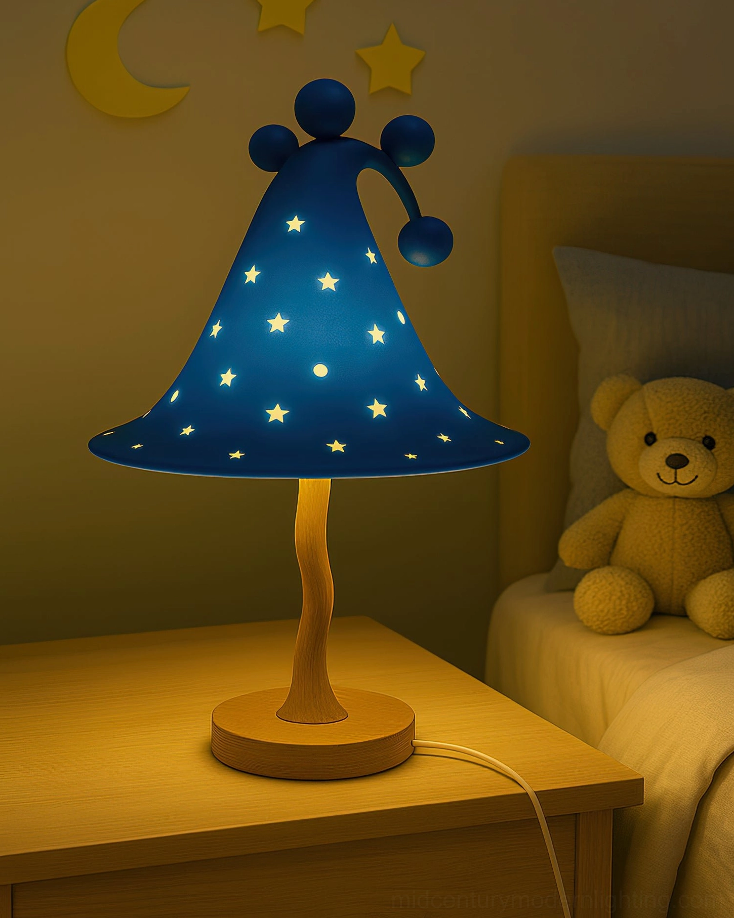 Wizard Hat Table Lamp Ocean Blue on Bedroom Nightstand – Hand-Cast Resin Kids Lamp Casting Star Constellation Light Patterns