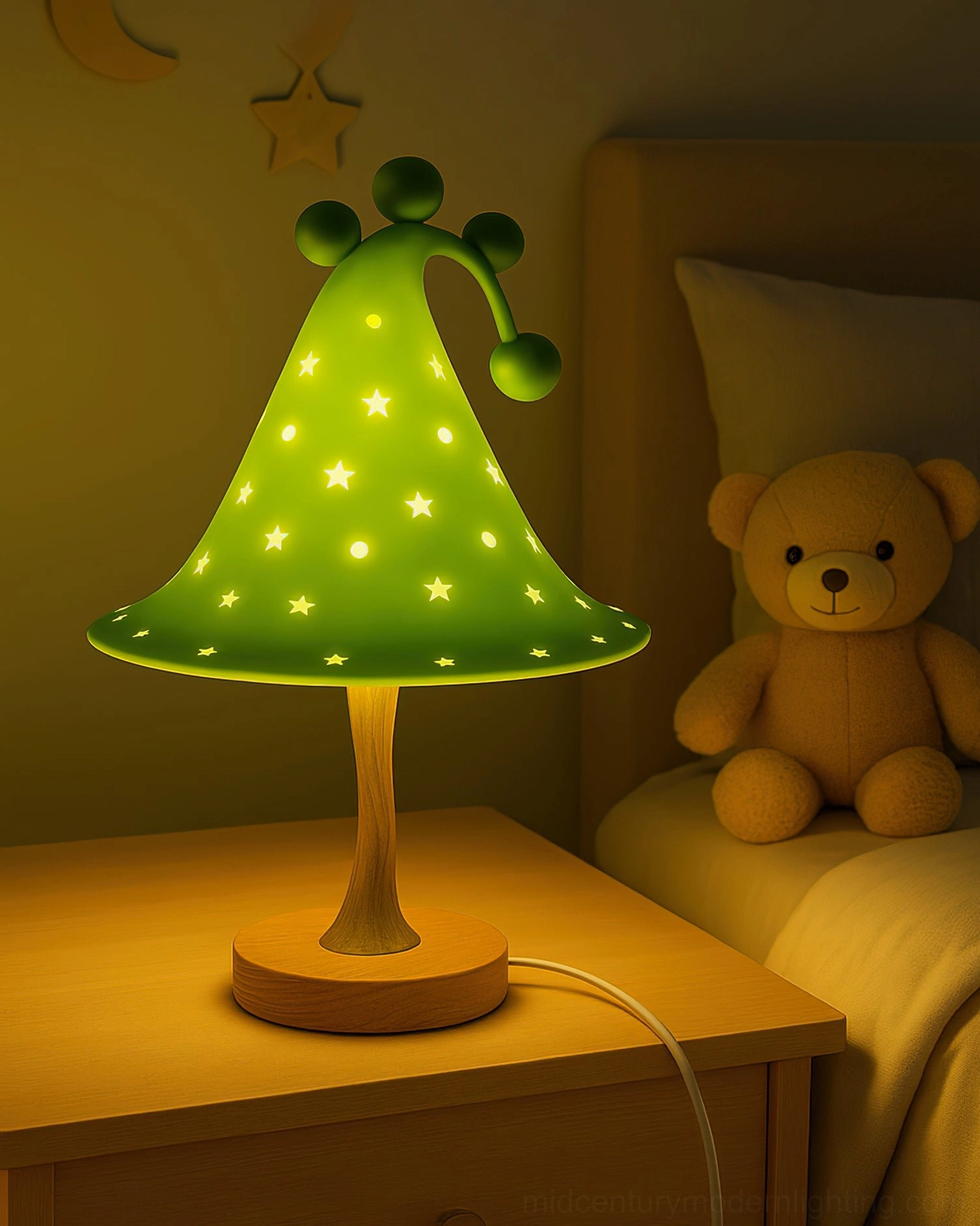 Wizard Hat Lamp Green on Child's Bedroom Bedside with Teddy Bear – Whimsical Hand-Cast Resin Kids Nightlight