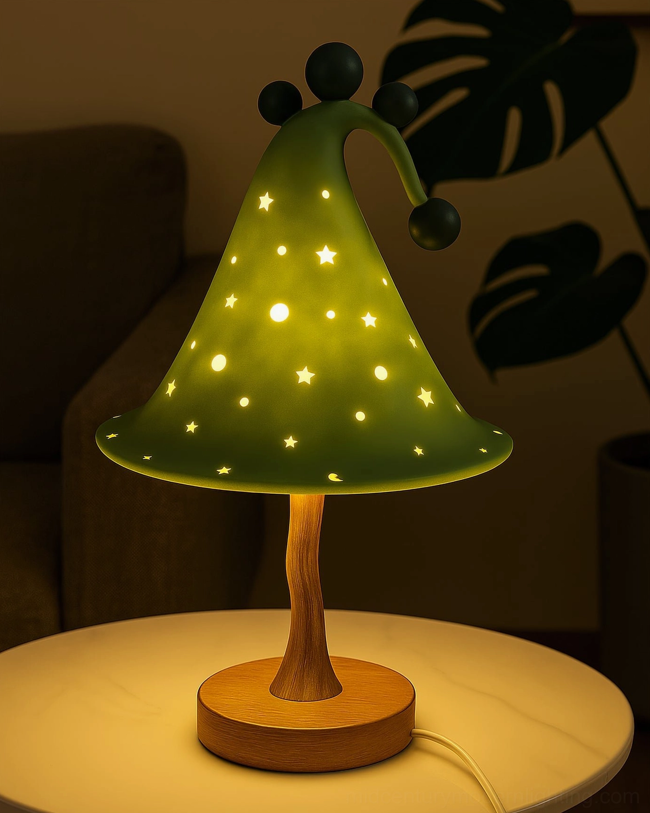 Wizard Hat Table Lamp in Forest Green Bedside – Whimsical Hand-Cast Resin Kids Light with Warm Glowing Details and Wooden Base