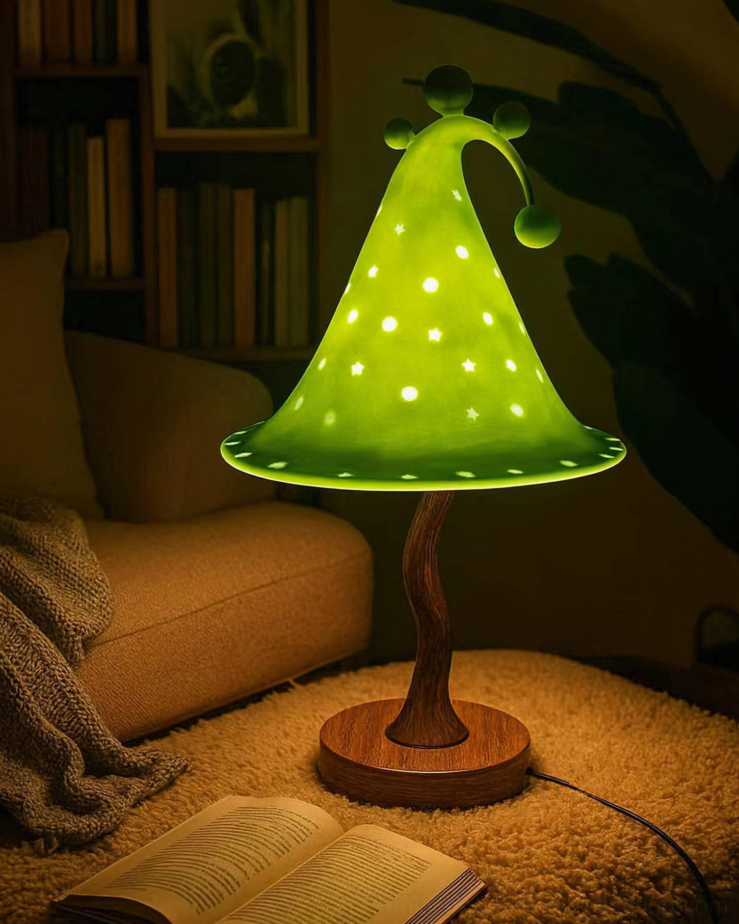 Wizard Hat Table Lamp Green Shade on Living Room Side Table – Whimsical Kids Lamp with Book Decor and Cozy Interior Styling