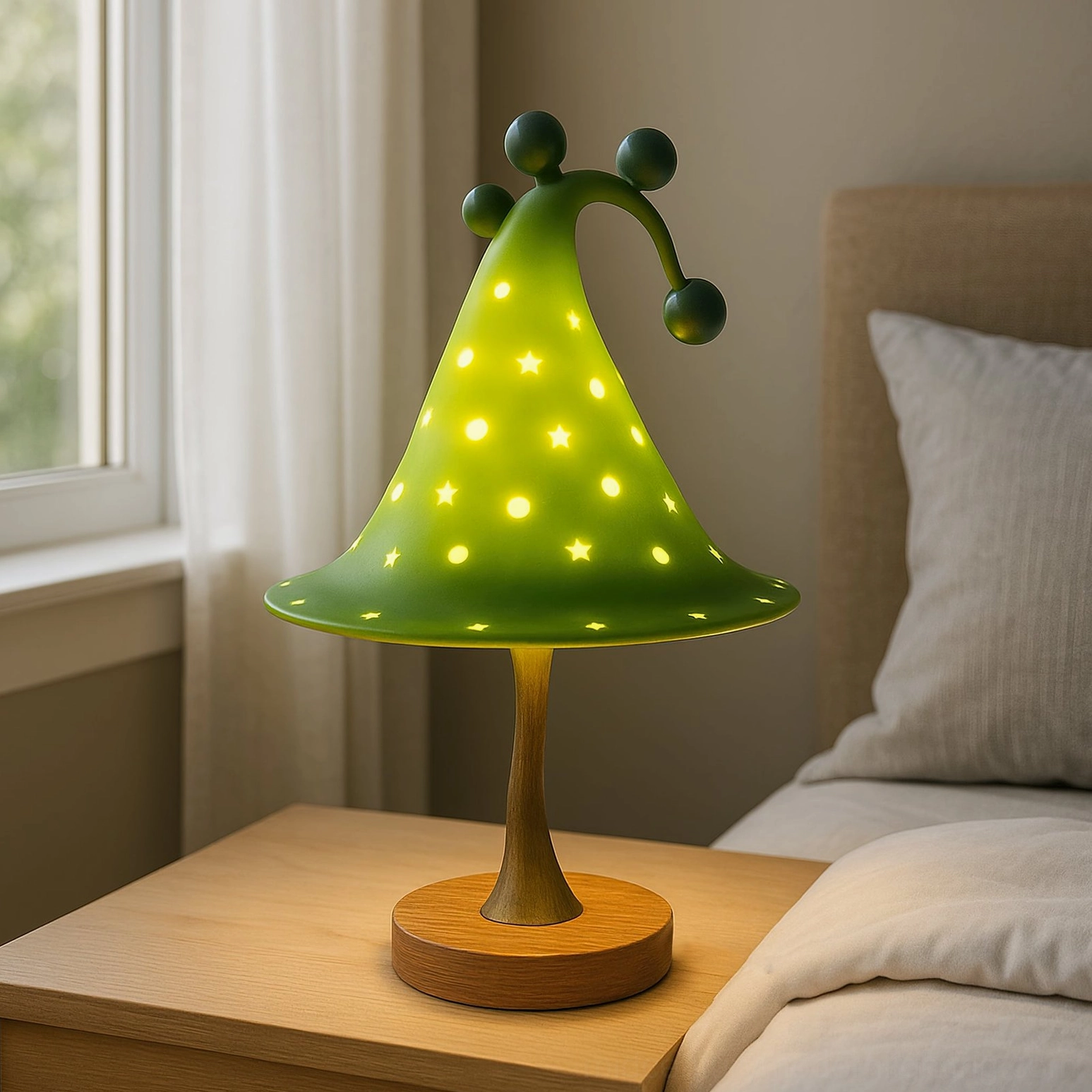 Wizard Hat Lamp in Forest Green on Modern Bedroom Nightstand – Whimsical Kids Bedside Lighting with Warm Ambient Glow