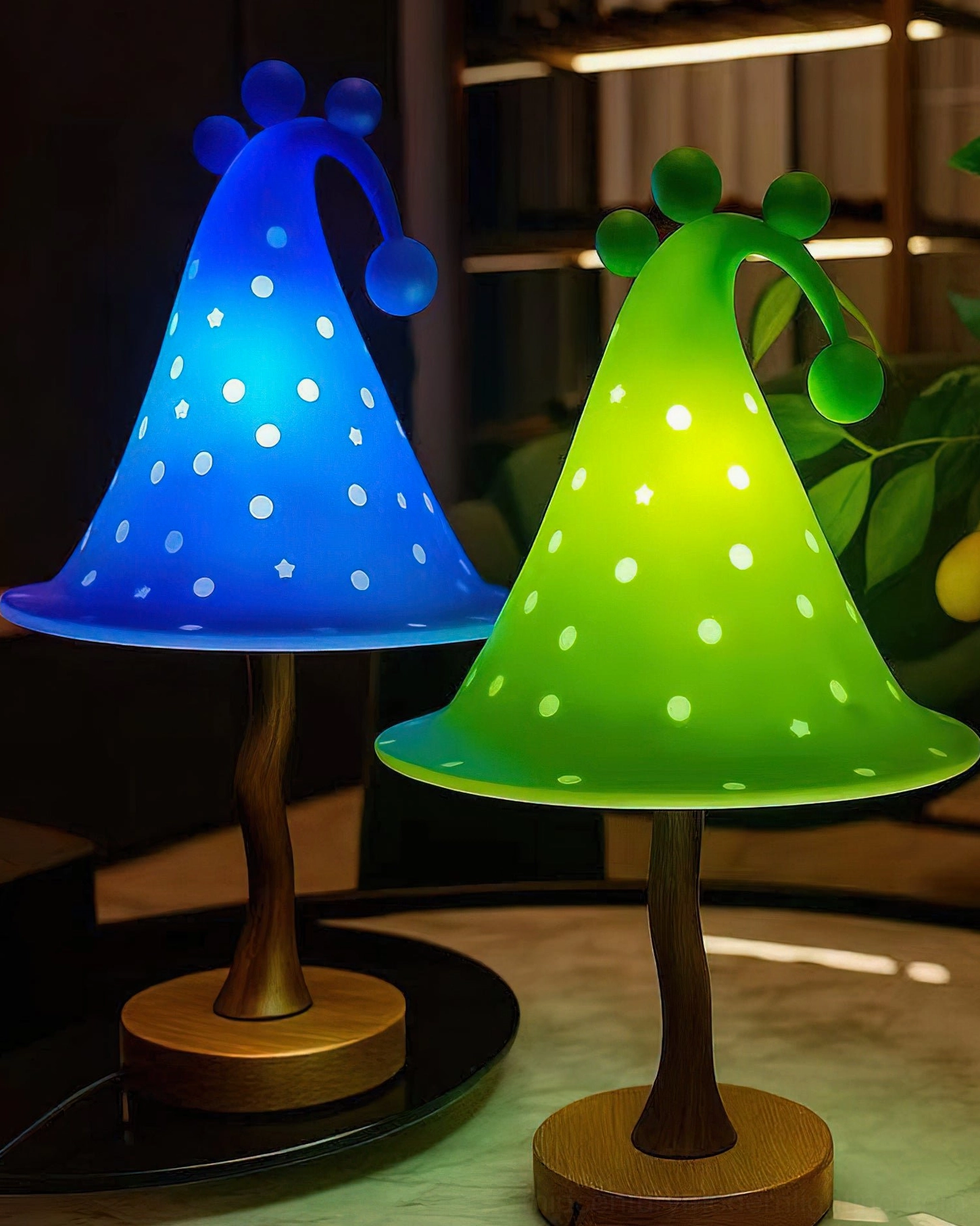 Two Wizard Hat Table Lamps Side by Side – Forest Green and Ocean Blue Hand-Cast Resin Kids Bedside Lights