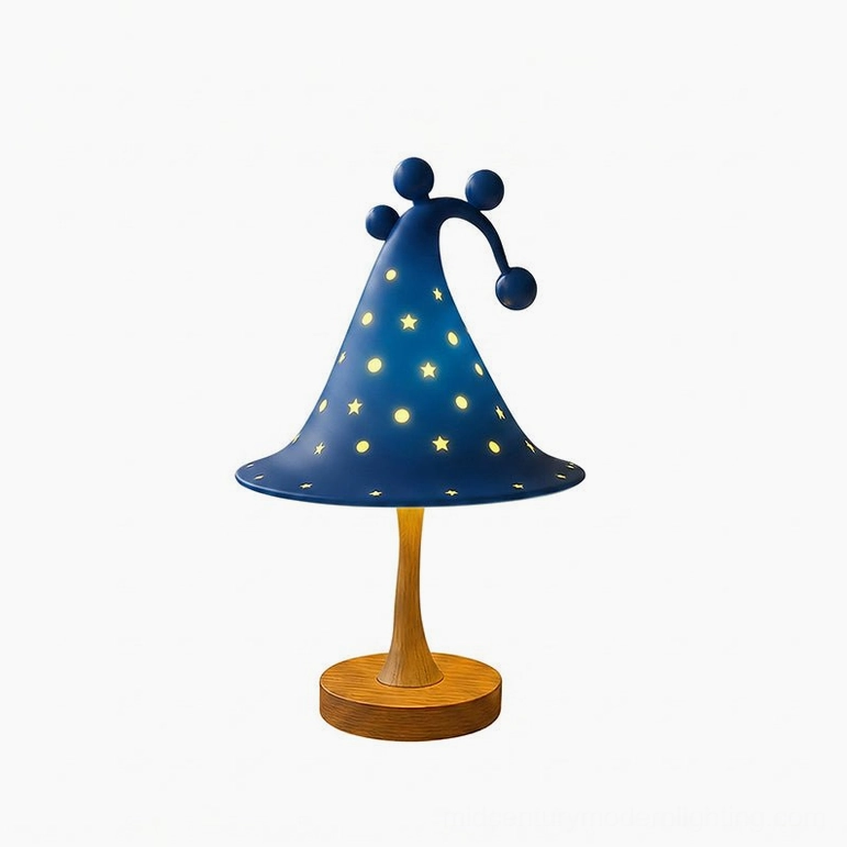 Wizard Hat Table Lamp Ocean Blue – Hand-Cast Resin Kids Bedside Light with Star Constellation Cutouts and Wooden Stump Base, Studio View