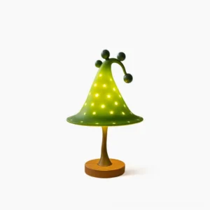 Wizard Hat Table Lamp in Forest Green – Hand-Cast Resin Kids Bedside Light with Constellation Star Cutouts and Wooden Base, Front Studio View