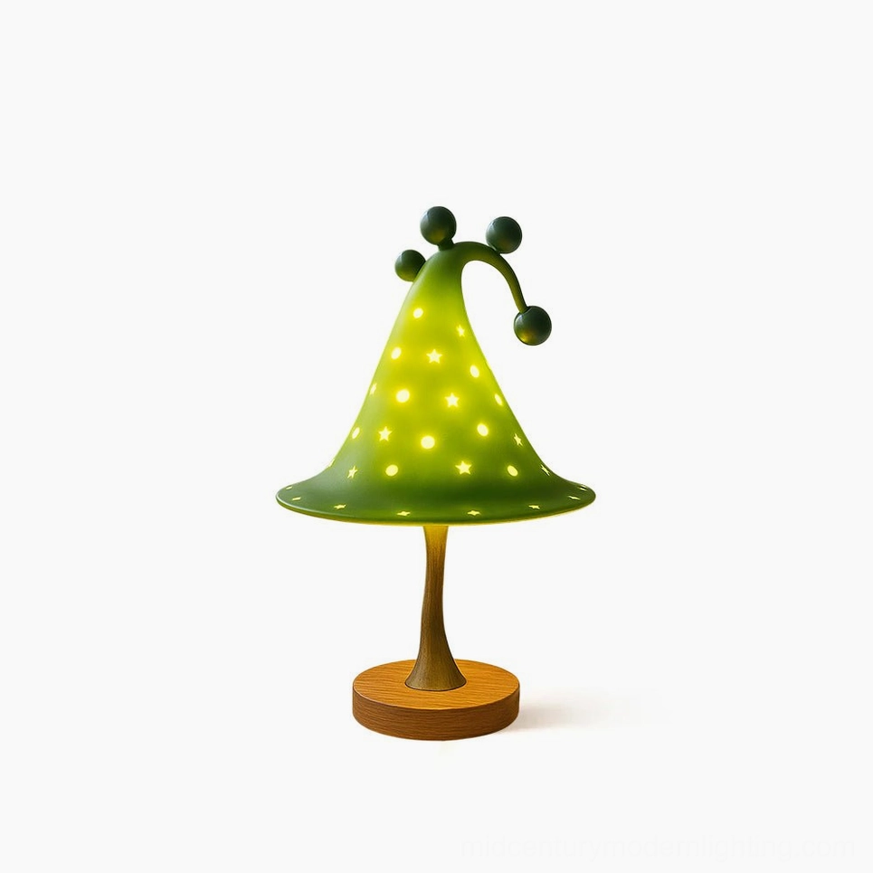 Wizard Hat Table Lamp in Forest Green – Hand-Cast Resin Kids Bedside Light with Constellation Star Cutouts and Wooden Base, Front Studio View