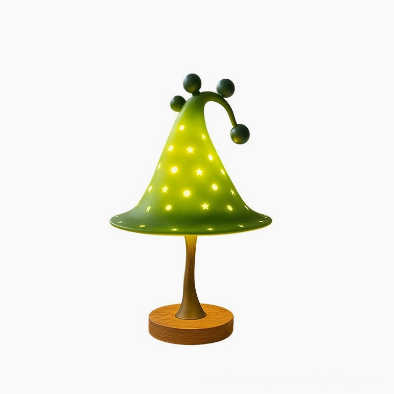 Wizard Hat Table Lamp Forest Green – Hand-Cast Resin Whimsical Kids Bedside Lamp with Constellation Star Patterns and Wooden Base