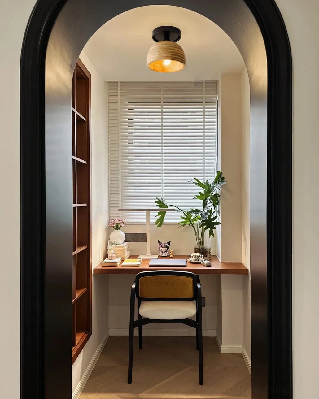 Ribbed wood ceiling lamp installed in home study area with arched doorway, warm rustic home style lighting ambiance