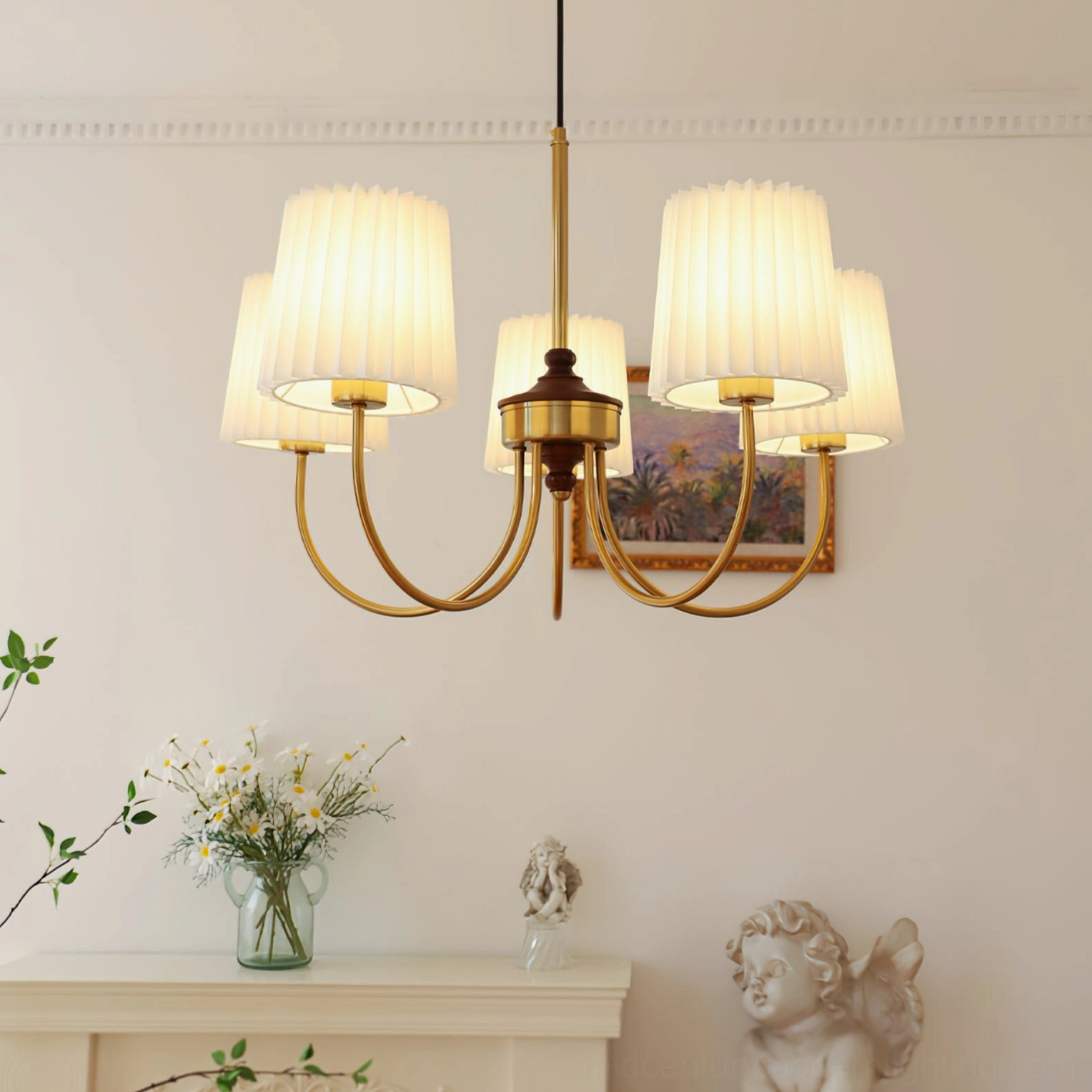 Mid-century wood chandelier suspension wire and mounting hardware details