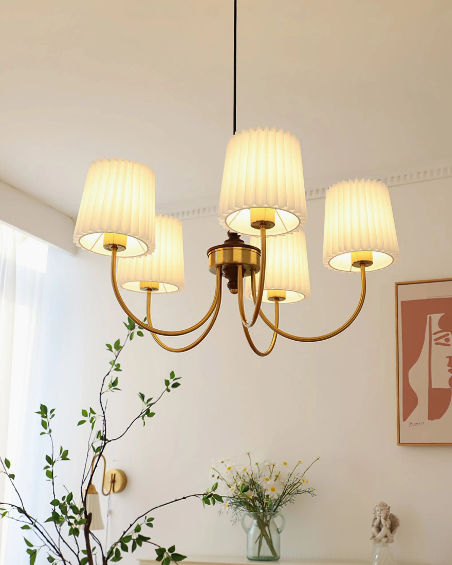 Mid-century modern wood chandelier with fabric shades showing detail of radiating arms