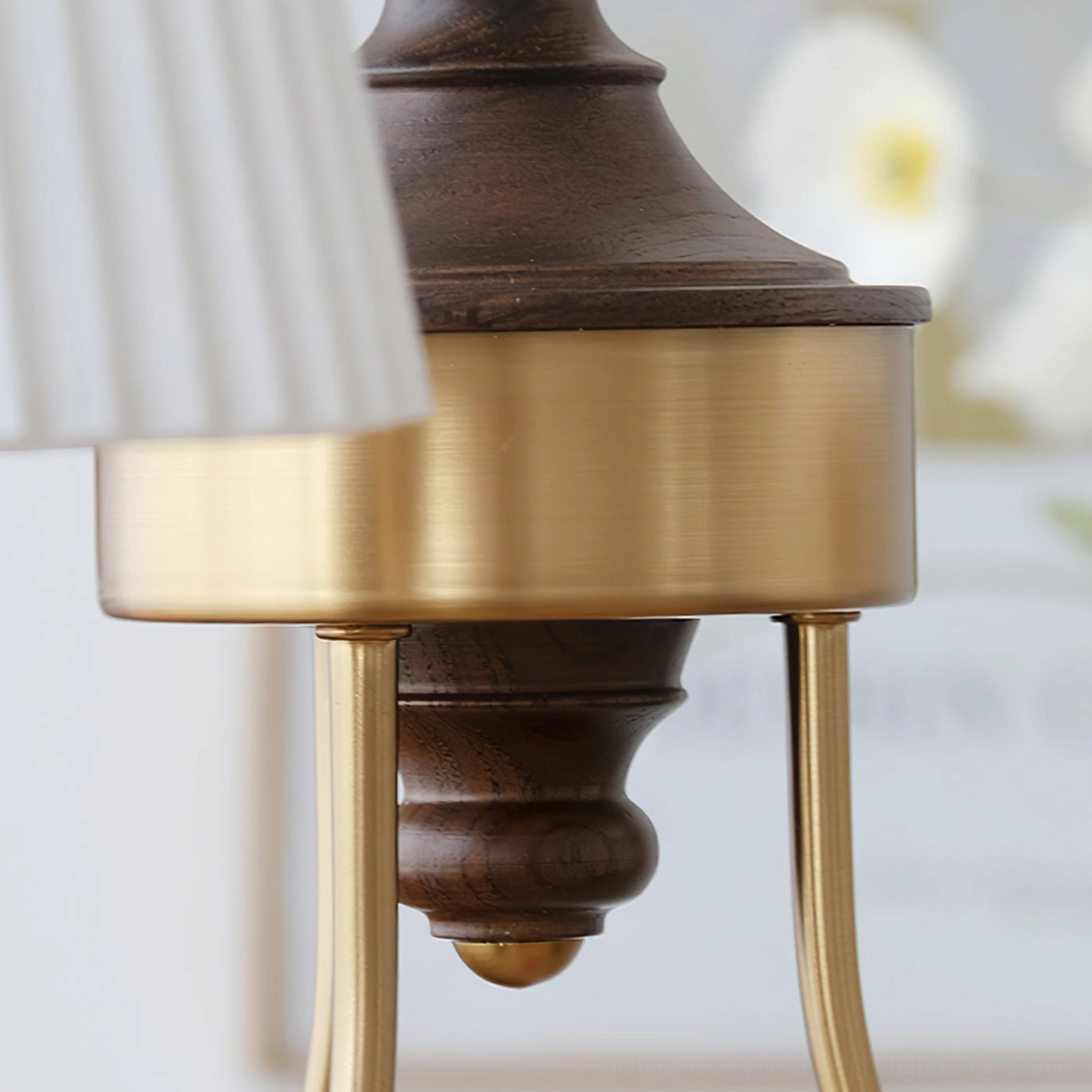 Mid-century modern wood chandelier in gold finish with radiating fabric shades