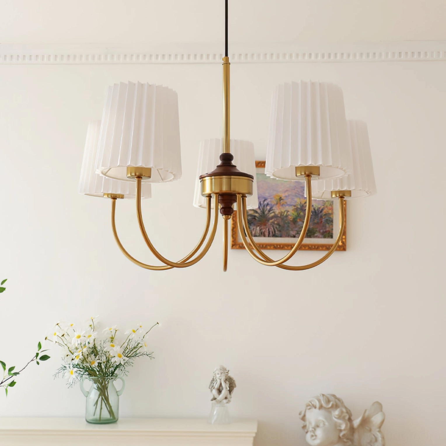 Wood chandelier room ambiance shot showing warm light diffusion from fabric shades