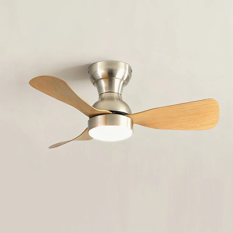 Wood color and chrome finish ceiling fan light with three-color changing LED light in modern interior, flush mount installation