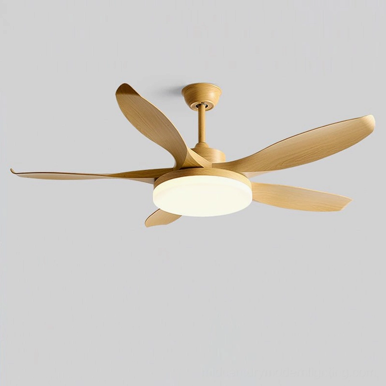 Wood color ceiling fan light with integrated LED and remote control for contemporary home interiors