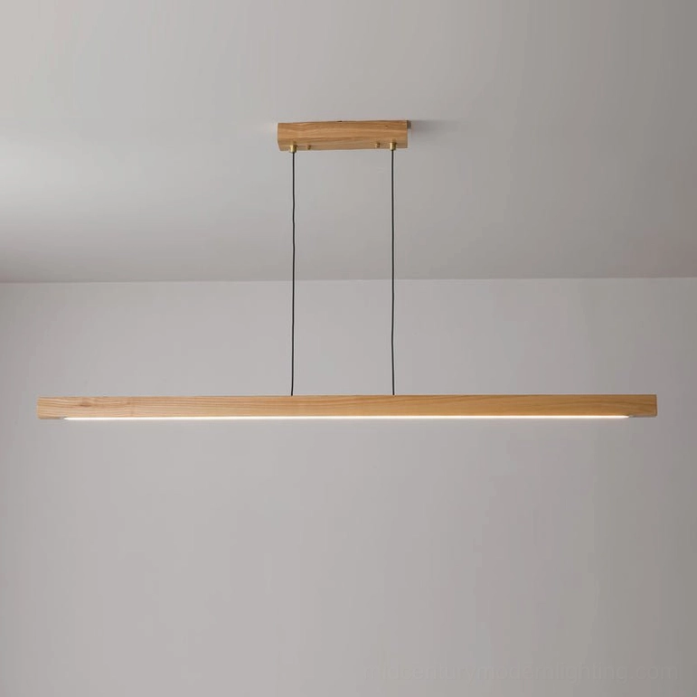 Natural wood color and gold linear LED pendant light variant with warm light color temperature