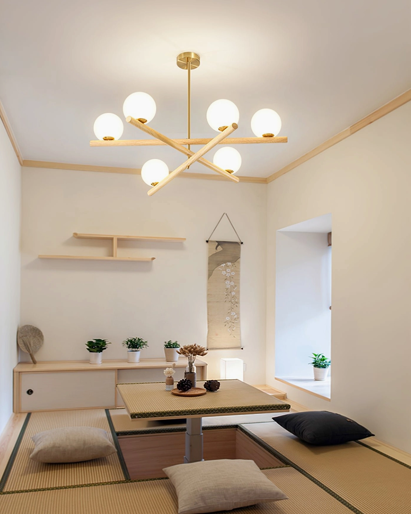 Line ball globe pendant in Japanese-inspired minimalist room with low wooden furniture and tatami aesthetic
