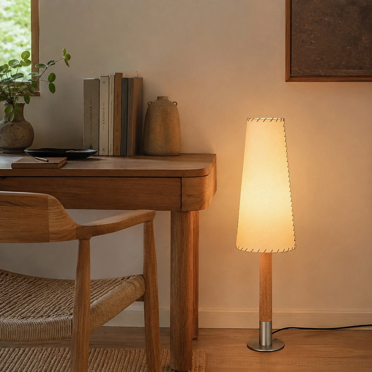 Natural wood floor lamp beside home office desk with soft diffused light