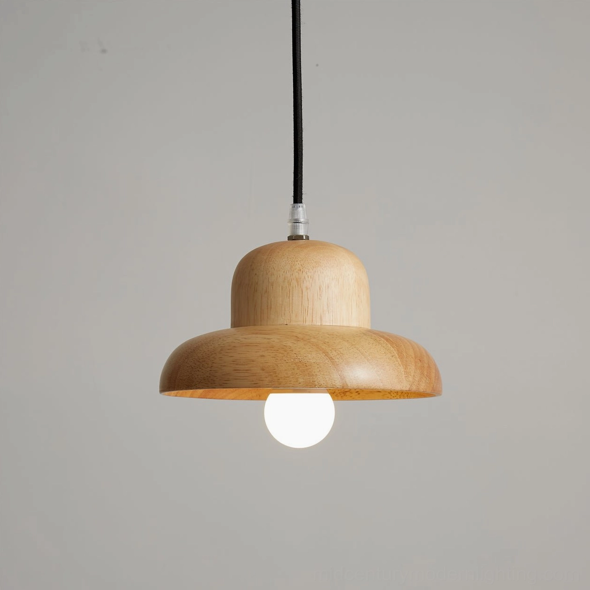 Wooden pendant lamp close-up showing full structure and natural wood grain texture on white background