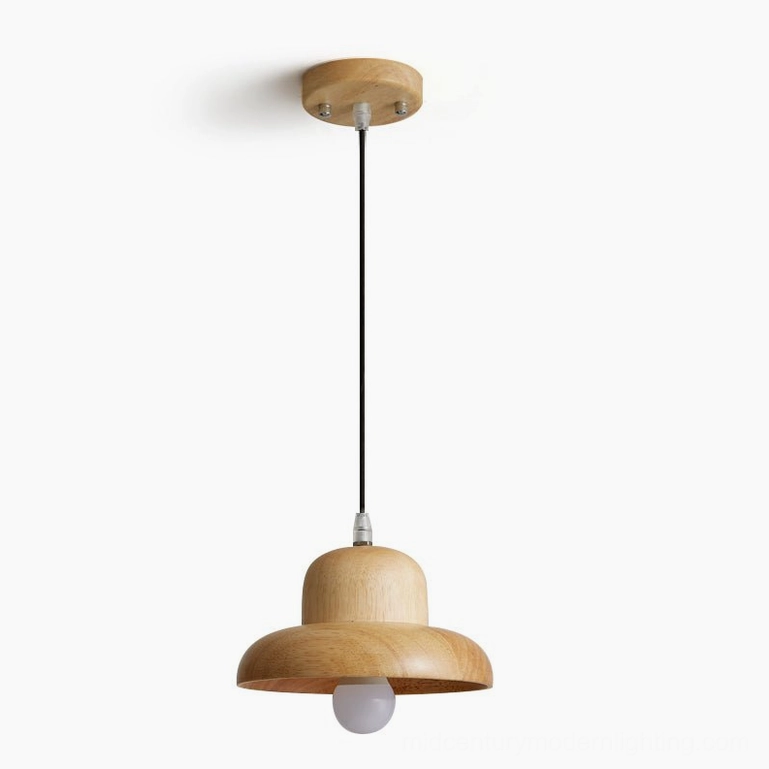 Wooden pendant lamp in natural wood color showing product dimensions and design proportions clearly