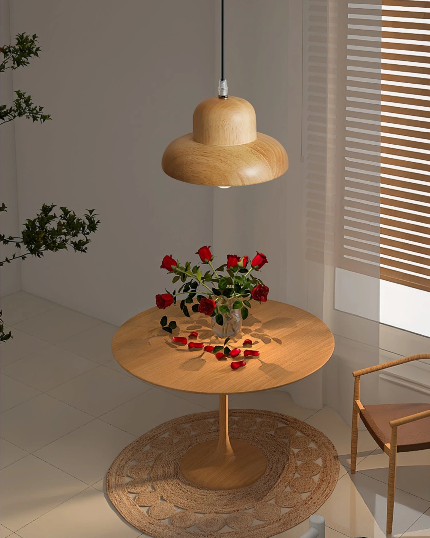 Natural wood pendant light above round dining table with red roses and woven floor rug decoration