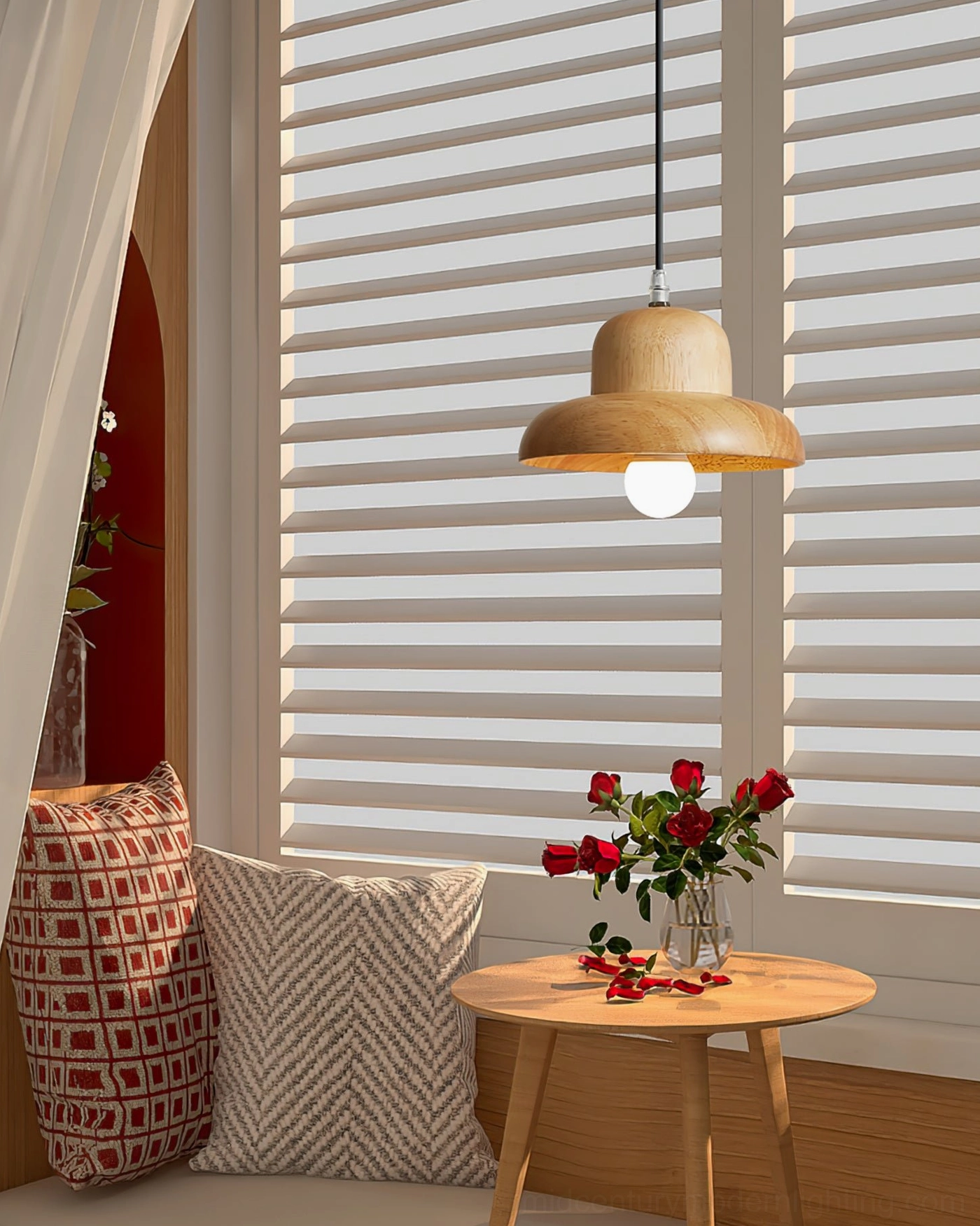 Wooden pendant lamp suspended by window in cozy lounge nook with woven cushions and warm ambiance