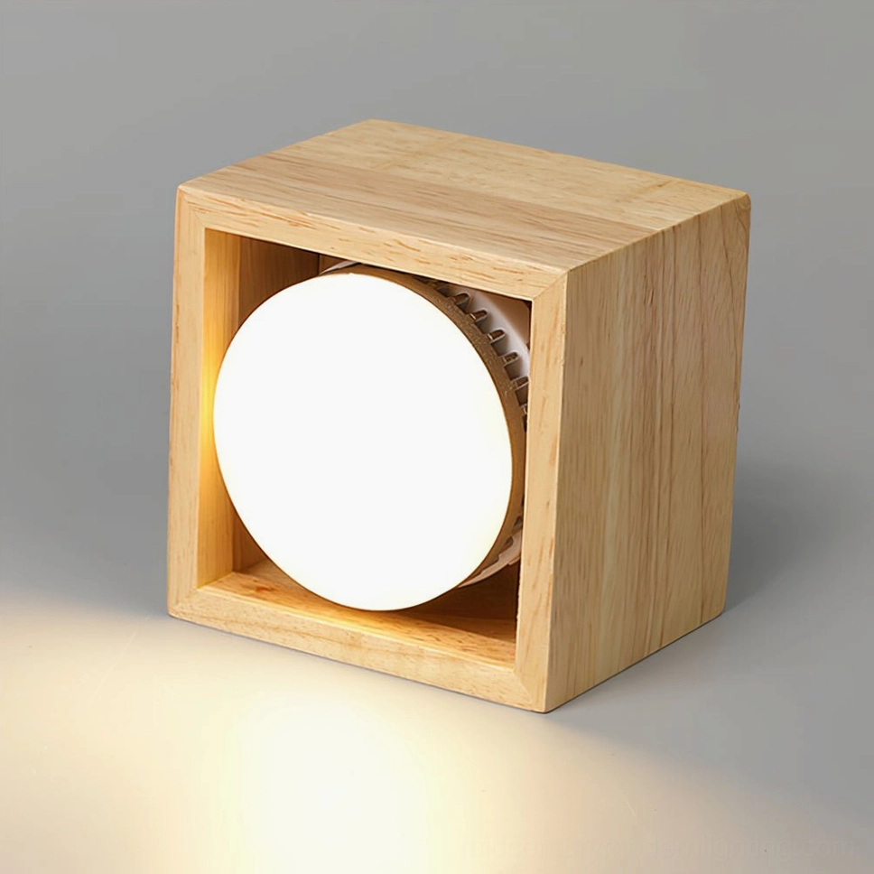 Solid wood square ceiling lamp providing soft warm illumination in japandi inspired home interior design