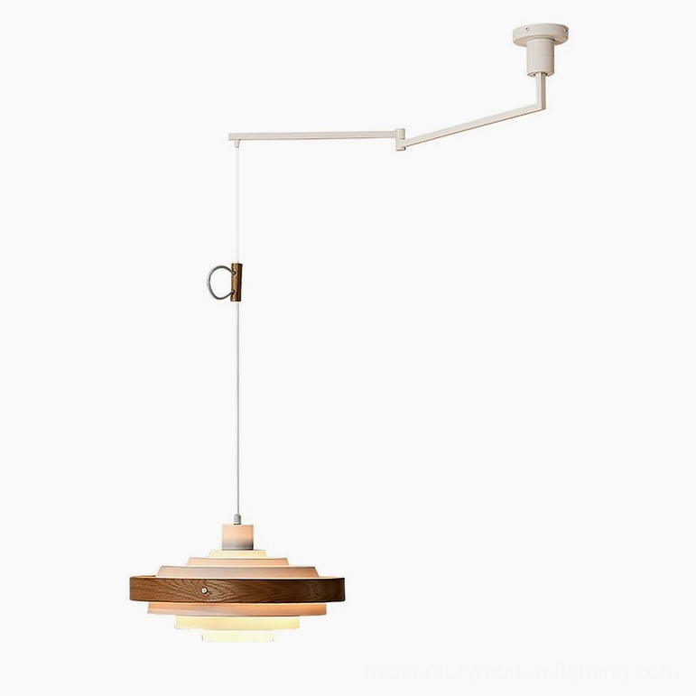 Wood color and white swing arm pendant light variant shown in dining setting