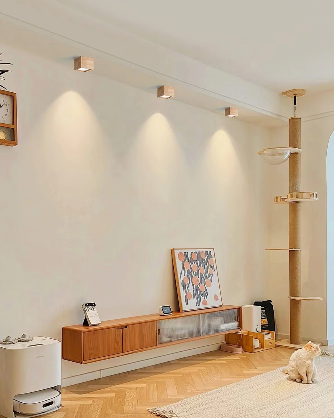 Wooden flush mount ceiling lamp creating warm accent lighting in minimalist living room with modern furniture