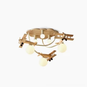 Wooden aircraft ceiling lamp with frosted white glass shade, overhead studio view showcasing natural wood frame and propeller design