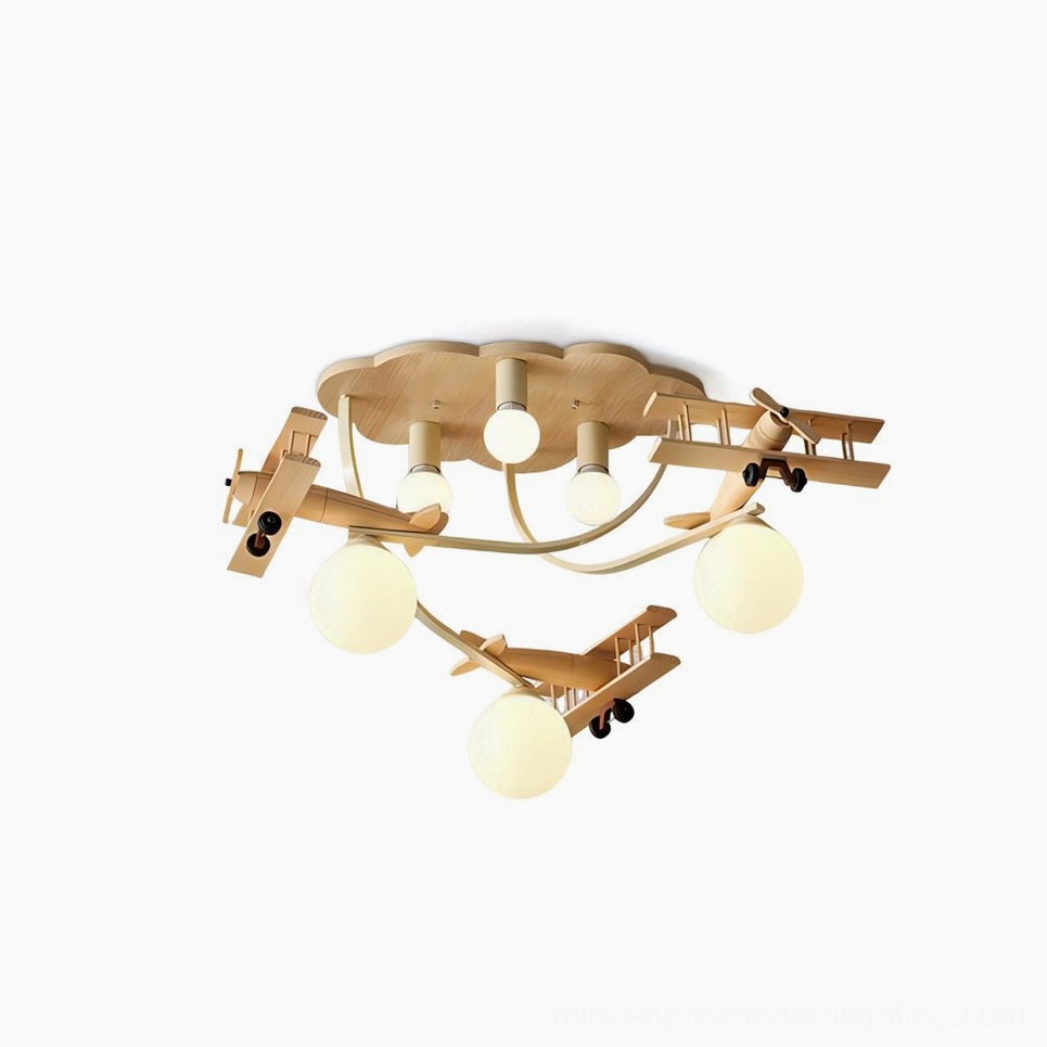 Wooden aircraft ceiling lamp with frosted white glass shade, overhead studio view showcasing natural wood frame and propeller design